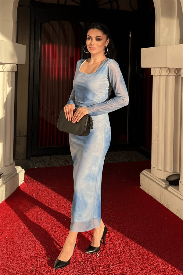 Tül Kumaş Büzgü Detaylı Kalem Elbise - BEBE MAVİSİ - 2