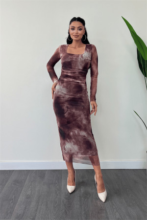 Tül Kumaş Büzgü Detaylı Kalem Elbise - BORDO - Angelino Moda