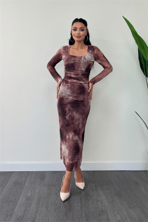 Tül Kumaş Büzgü Detaylı Kalem Elbise - BORDO - Angelino Moda (1)