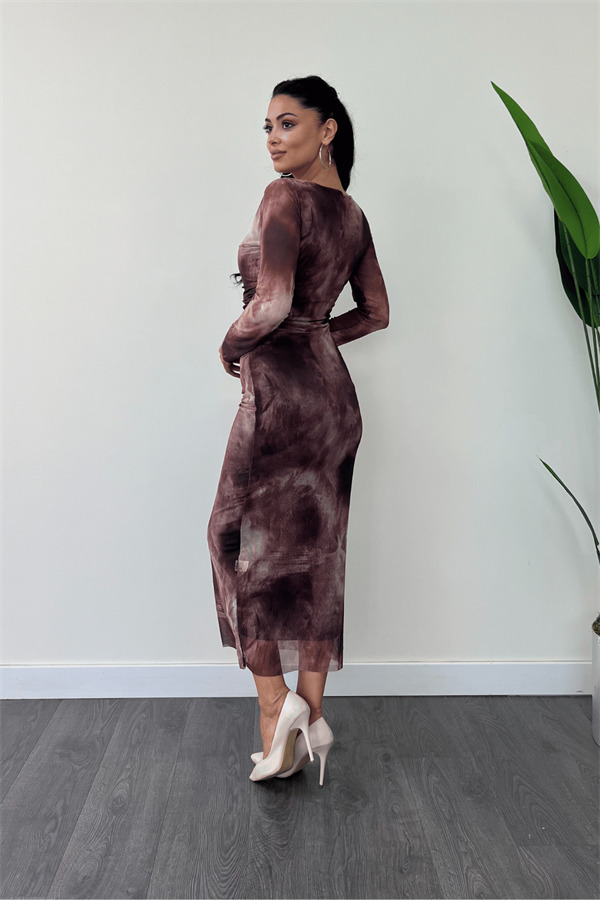 Tül Kumaş Büzgü Detaylı Kalem Elbise - BORDO - 5