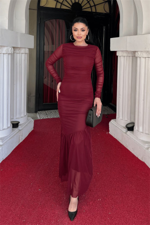 Tül Kumaş Büzgü Detaylı Kalem Elbise - BORDO - Angelino Moda