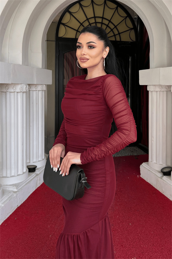 Tül Kumaş Büzgü Detaylı Kalem Elbise - BORDO - 3