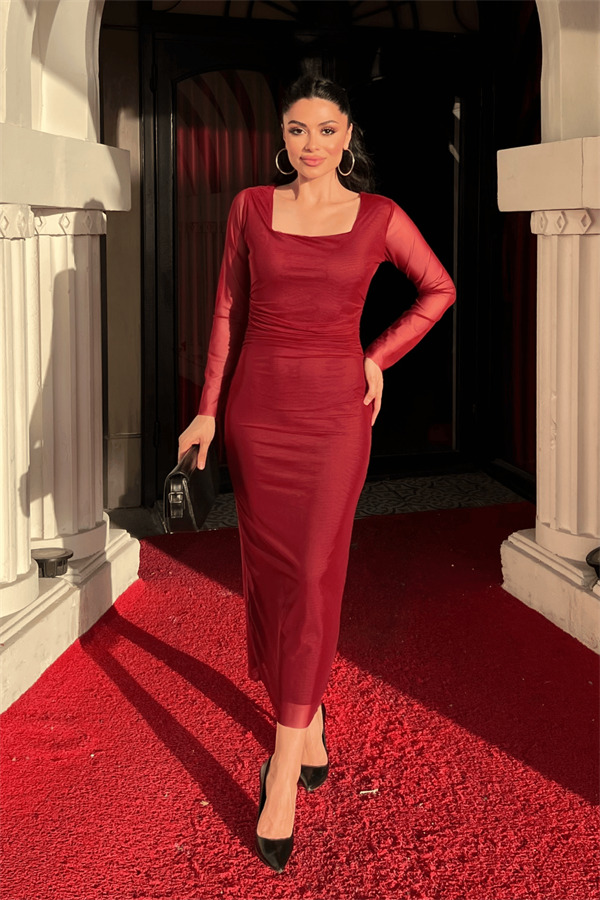 Tül Kumaş Büzgü Detaylı Kalem Elbise - DÜZ BORDO - 1
