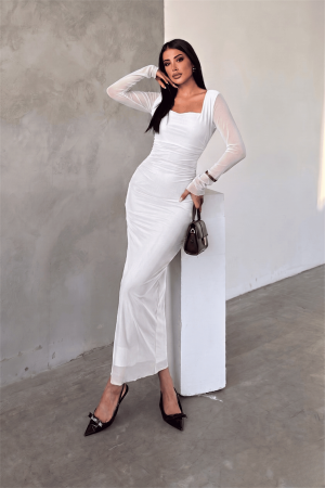Tül Kumaş Büzgü Detaylı Kalem Elbise - EKRU - Angelino Moda