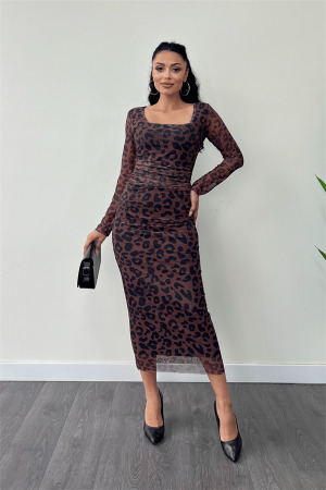 Tül Kumaş Büzgü Detaylı Kalem Elbise - KAHVERENGİ - Angelino Moda