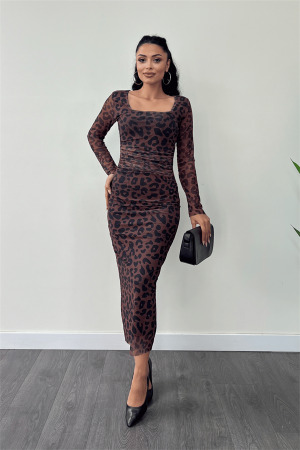 Tül Kumaş Büzgü Detaylı Kalem Elbise - KAHVERENGİ - Angelino Moda (1)