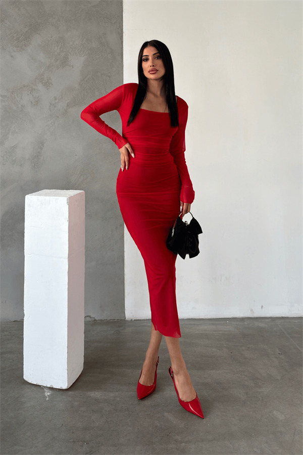 Tül Kumaş Büzgü Detaylı Kalem Elbise - KIRMIZI - 1