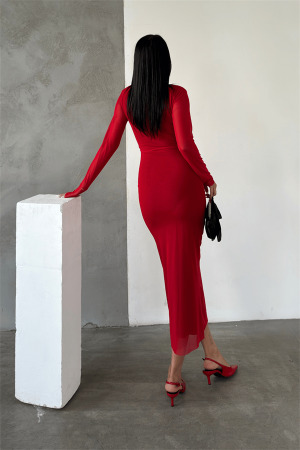 Tül Kumaş Büzgü Detaylı Kalem Elbise - KIRMIZI - 5