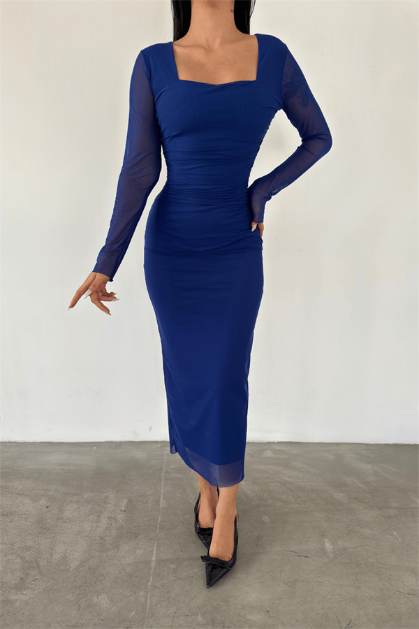 Tül Kumaş Büzgü Detaylı Kalem Elbise - MAVİ - 2