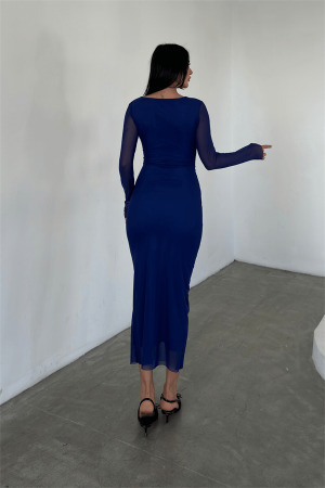 Tül Kumaş Büzgü Detaylı Kalem Elbise - MAVİ - 5