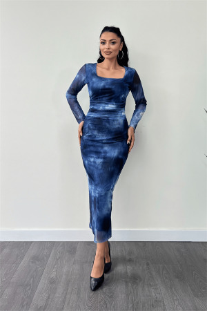 Tül Kumaş Büzgü Detaylı Kalem Elbise - SAKS MAVİ - Angelino Moda
