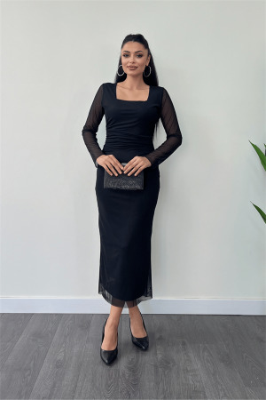 Tül Kumaş Büzgü Detaylı Kalem Elbise - SİYAH - Angelino Moda