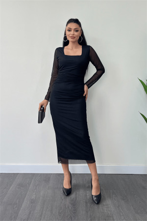 Tül Kumaş Büzgü Detaylı Kalem Elbise - SİYAH - Angelino Moda (1)