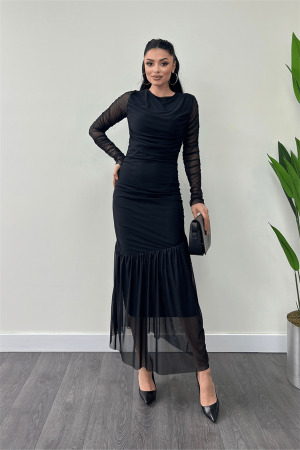 Tül Kumaş Büzgü Detaylı Kalem Elbise - SİYAH - Angelino Moda