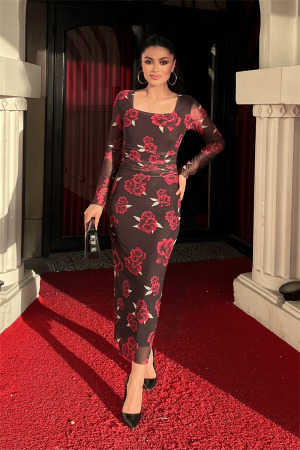 Tül Kumaş Büzgü Detaylı Kalem Elbise - SİYAH KIRMIZI - Angelino Moda (1)