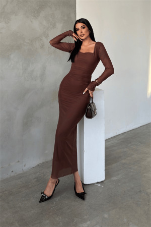 Tül Kumaş Büzgü Detaylı Kalem Elbise - TABA - Angelino Moda