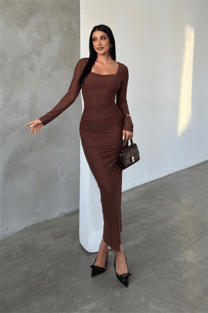 Tül Kumaş Büzgü Detaylı Kalem Elbise - TABA - Angelino Moda (1)