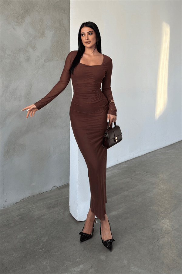 Tül Kumaş Büzgü Detaylı Kalem Elbise - TABA - 2