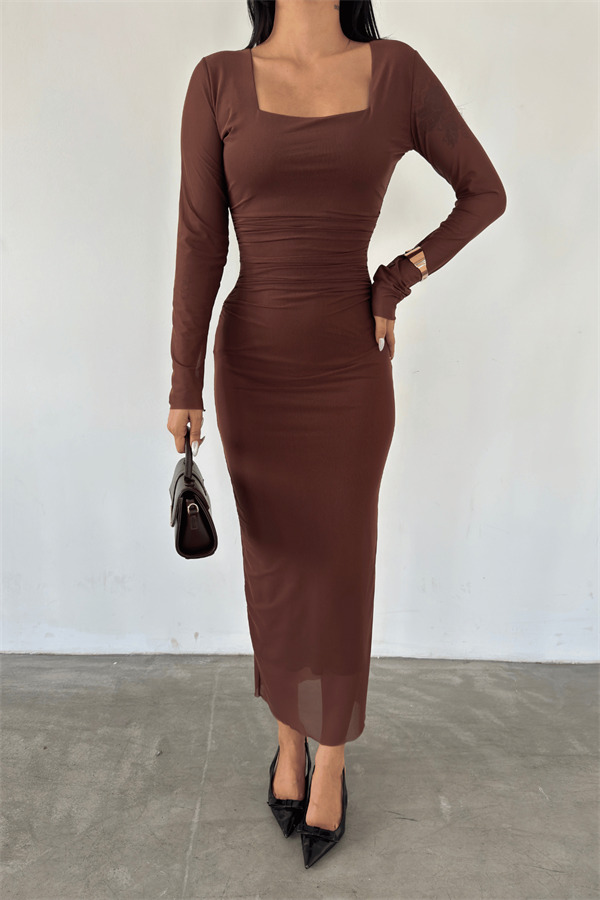 Tül Kumaş Büzgü Detaylı Kalem Elbise - TABA - 3