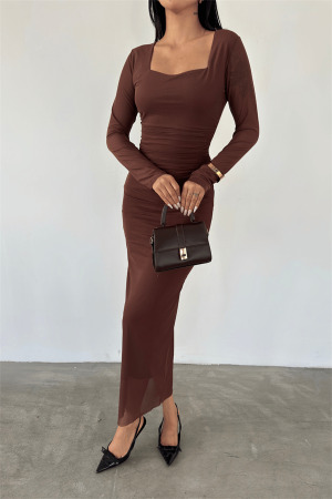 Tül Kumaş Büzgü Detaylı Kalem Elbise - TABA - 4