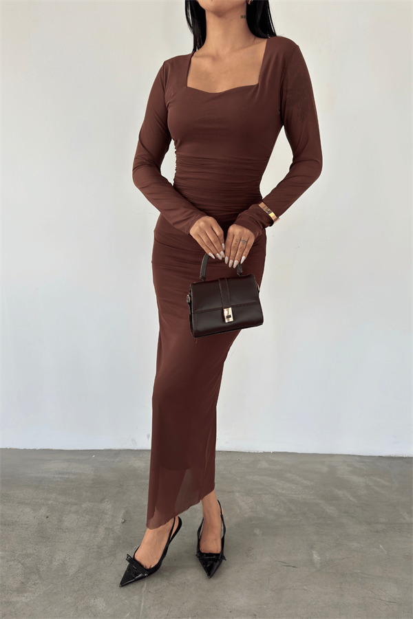 Tül Kumaş Büzgü Detaylı Kalem Elbise - TABA - 4