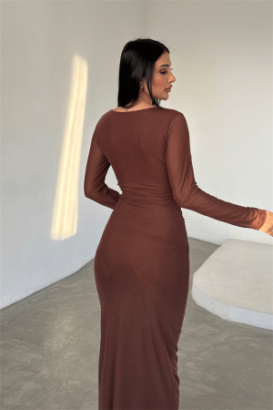 Tül Kumaş Büzgü Detaylı Kalem Elbise - TABA - 5