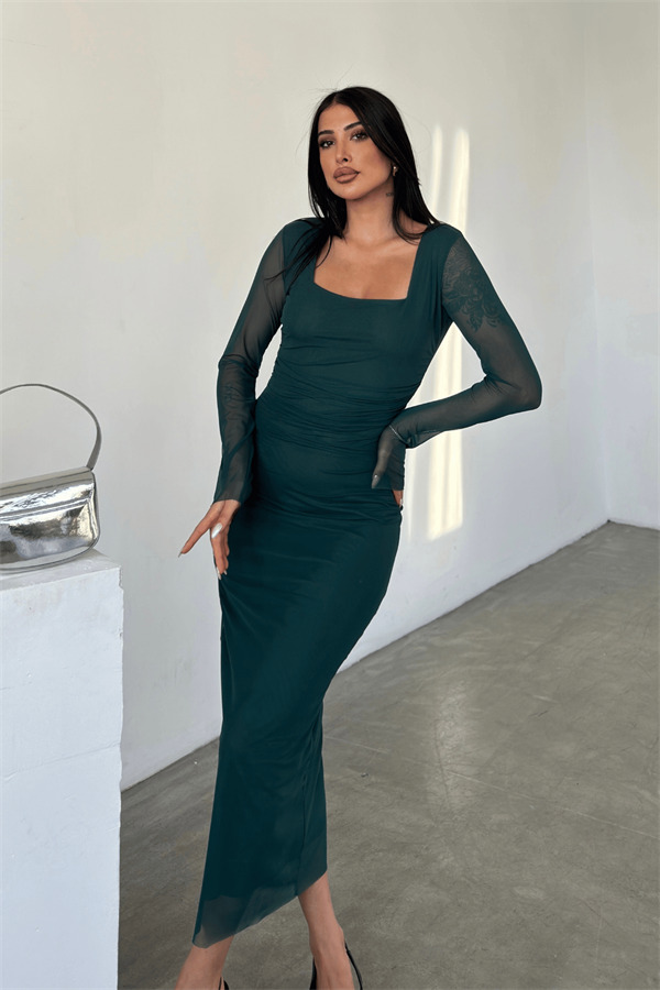 Tül Kumaş Büzgü Detaylı Kalem Elbise - ZÜMRÜT YEŞİL - 4