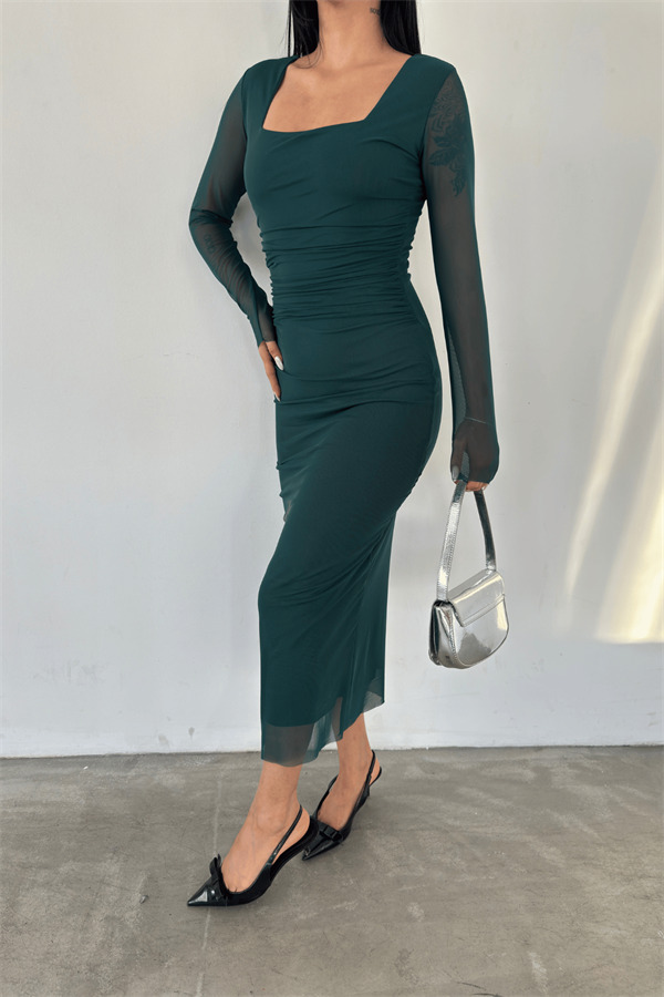 Tül Kumaş Büzgü Detaylı Kalem Elbise - ZÜMRÜT YEŞİL - 5