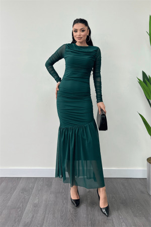 Tül Kumaş Büzgü Detaylı Kalem Elbise - ZÜMRÜT YEŞİL - Angelino Moda