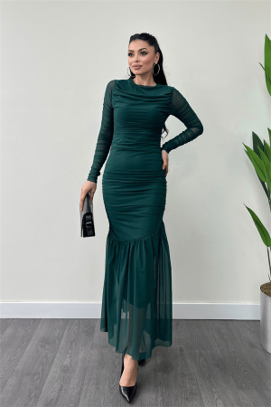 Tül Kumaş Büzgü Detaylı Kalem Elbise - ZÜMRÜT YEŞİL - Angelino Moda (1)