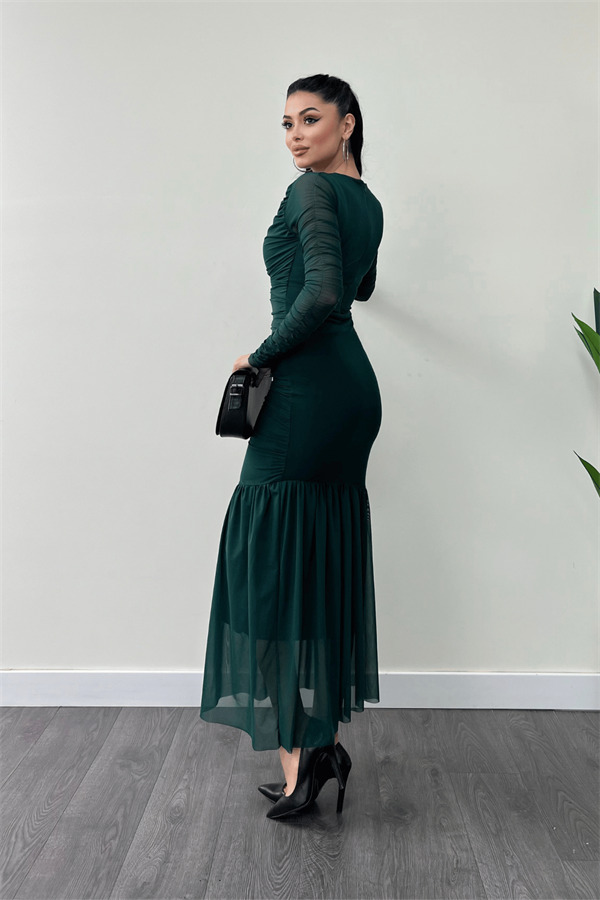 Tül Kumaş Büzgü Detaylı Kalem Elbise - ZÜMRÜT YEŞİL - 5