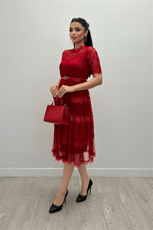 Tül Kumaş Dantel Detaylı Midi Elbise - KIRMIZI - 1