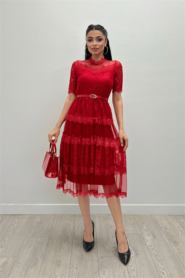 Tül Kumaş Dantel Detaylı Midi Elbise - KIRMIZI - 2