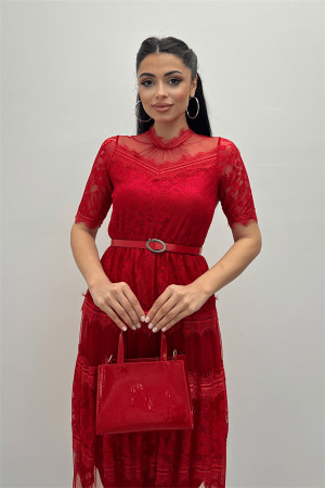 Tül Kumaş Dantel Detaylı Midi Elbise - KIRMIZI - 3