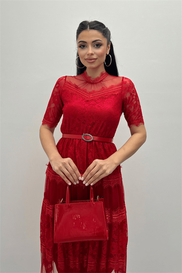 Tül Kumaş Dantel Detaylı Midi Elbise - KIRMIZI - 3
