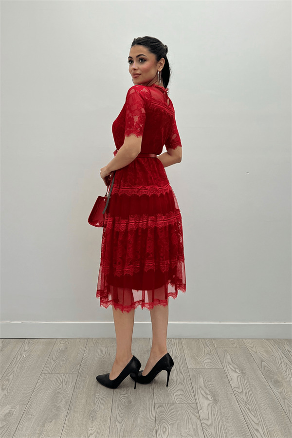 Tül Kumaş Dantel Detaylı Midi Elbise - KIRMIZI - 5