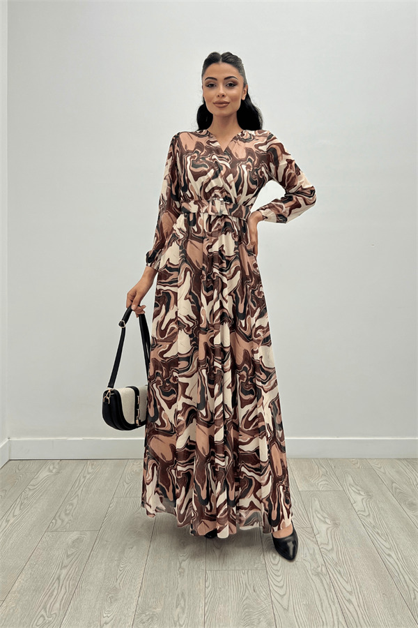 Tulle Fabric Pattern Printed Belted Dress - BROWN - 1