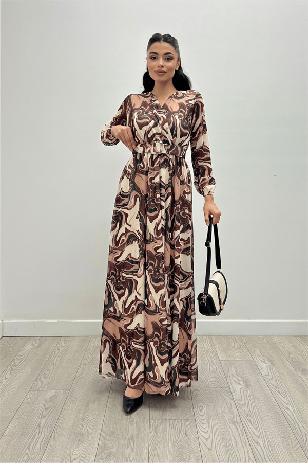 Tulle Fabric Pattern Printed Belted Dress - BROWN - 2