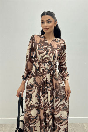 Tulle Fabric Pattern Printed Belted Dress - BROWN - 3