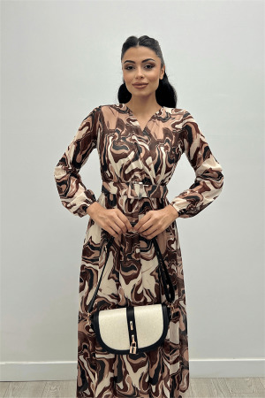 Tulle Fabric Pattern Printed Belted Dress - BROWN - 4