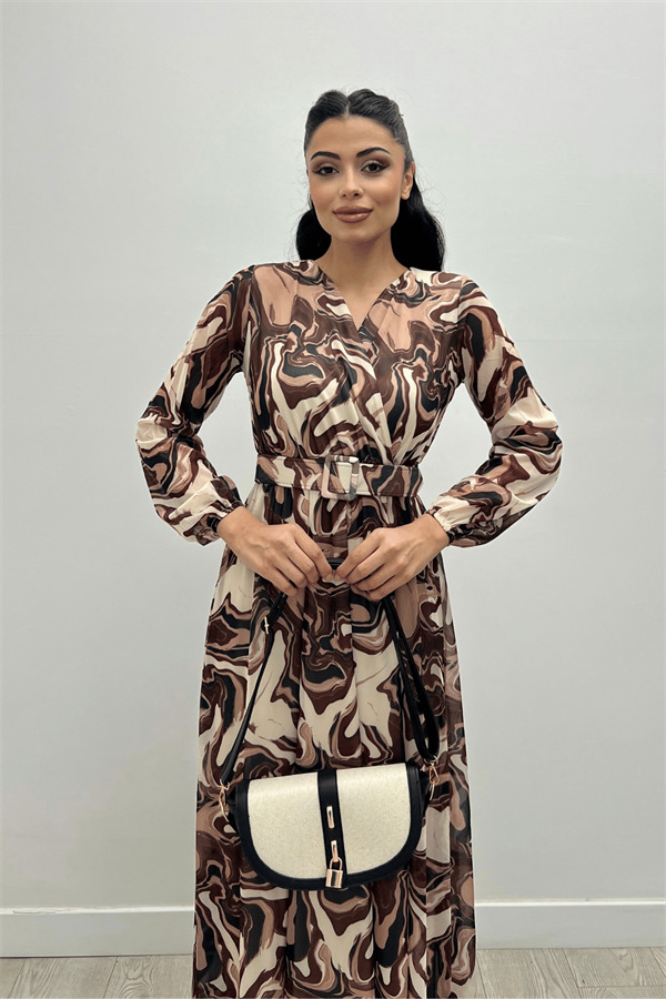 Tulle Fabric Pattern Printed Belted Dress - BROWN - 4