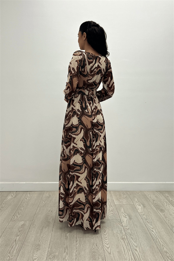 Tulle Fabric Pattern Printed Belted Dress - BROWN - 5