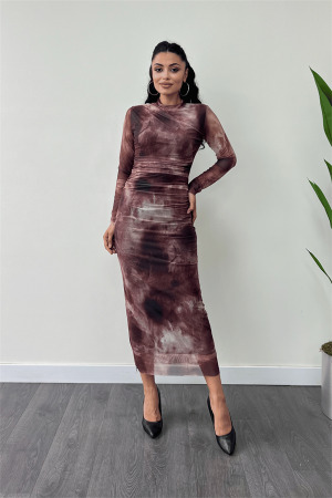 Tül Kumaş Drape Detaylı Kalem Elbise - BORDO - Angelino Moda (1)