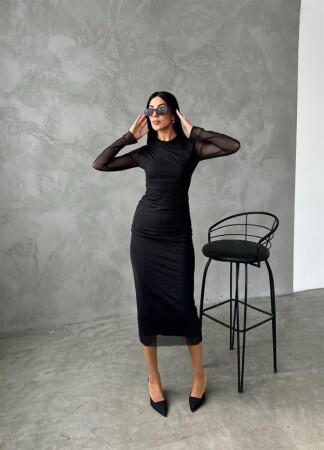 Tül Kumaş Drape Detaylı Kalem Elbise - SİYAH - Angelino Moda