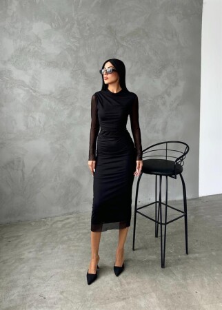 Tül Kumaş Drape Detaylı Kalem Elbise - SİYAH - Angelino Moda (1)