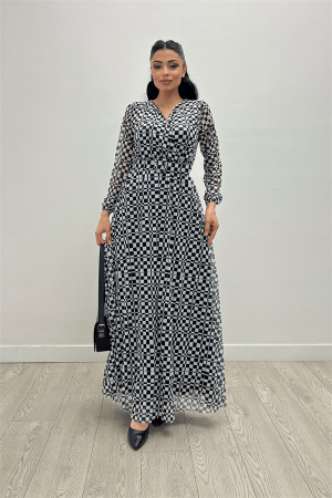 Tulle Fabric Square Printed Maxi Dress - BLACK - Angelino Moda