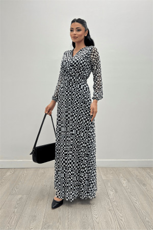 Tulle Fabric Square Printed Maxi Dress - BLACK - Angelino Moda (1)