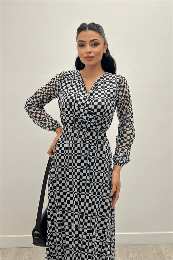 Tül Kumaş Kare Baskılı Maksi Elbise - SİYAH - 3