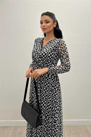 Tül Kumaş Kare Baskılı Maksi Elbise - SİYAH - 4