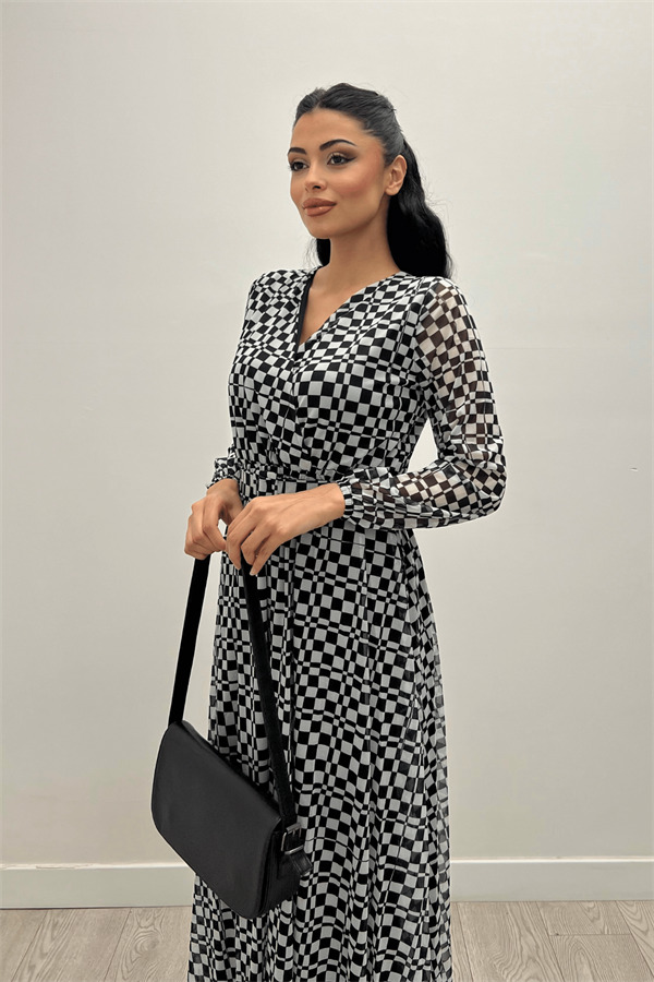 Tül Kumaş Kare Baskılı Maksi Elbise - SİYAH - 4